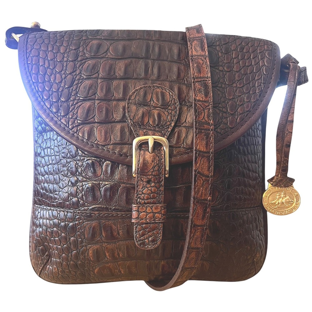 VTG Brahmin Dark Brown Croc Embossed Leather Crossbody Bag Made in USA *FLAWED*